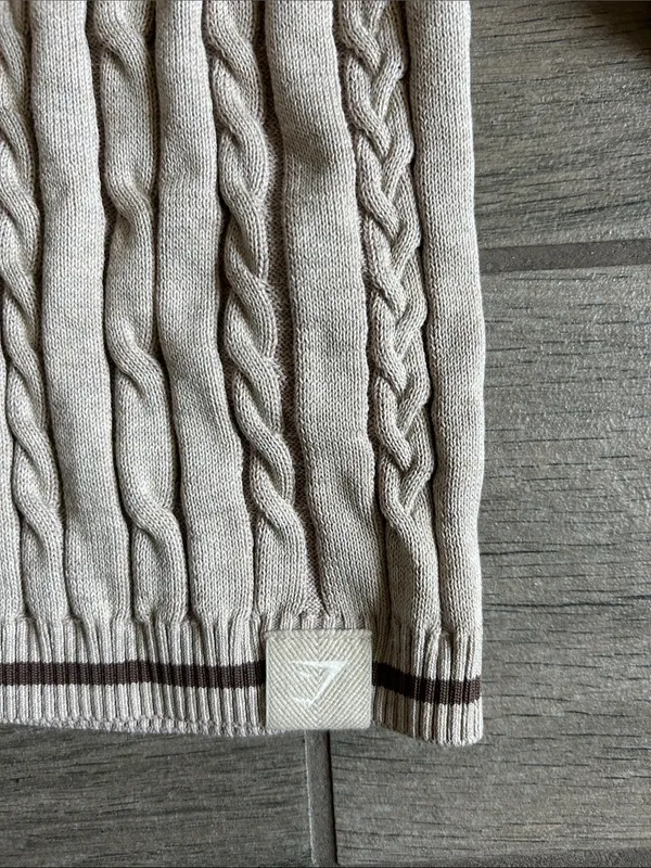 Gymshark Cropped Cable-Knit Polo Sweater in Light Beige with Brown Trim - Image 4