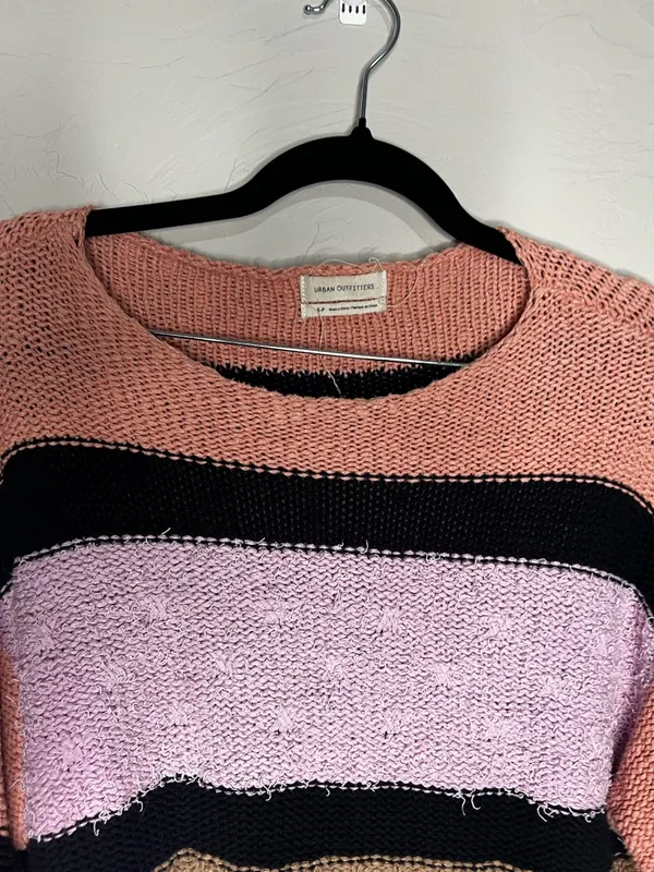 Urban Outfitters Beau Boat neck Striped Colorblock‎ Knit Textured Ballon Sleeve Crop Sweater - Image 5