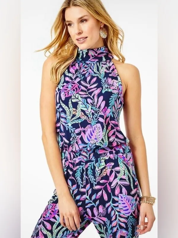 Lilly Pulitzer Navy Tropical-Print Halter Jumpsuit with Pink Accents - Image 2