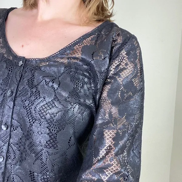 Free People Black Shimmer Sheer Floral Lace Henley Neck Flare Blouse Top Size L - Image 2