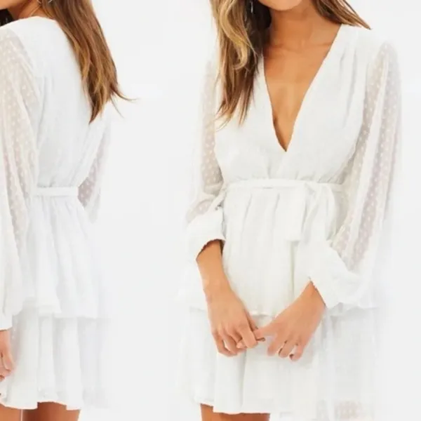Lioness White Swiss Dot Tiered Mini Dress Womens S Boho Fairy Cottage Core Bride - Image 13