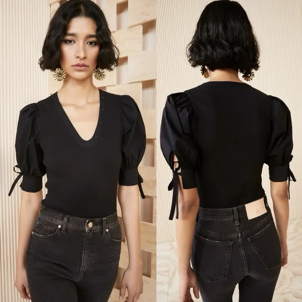 Ulla Johnson Pia Top Black Ribbed Poplin Puff Sleeve Capsule Minimalist Luxury L - Image 2