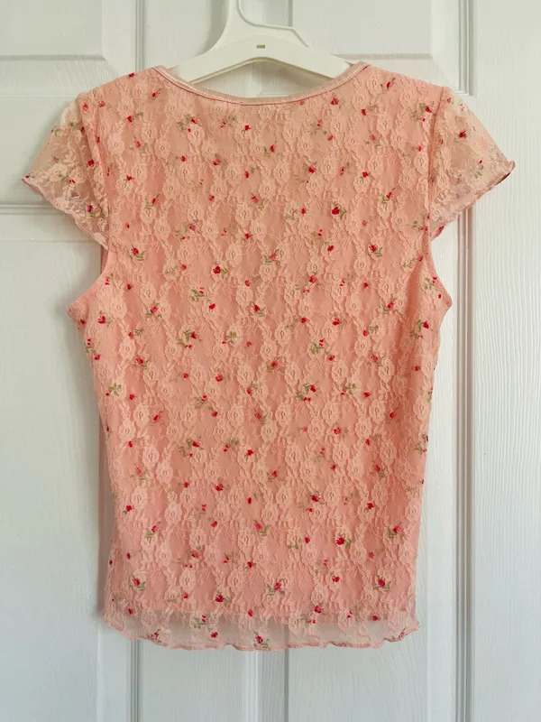 Y2K Coquette Pink Lace Floral Babydoll Top Fairycore Romantic V-Neck Womens Sz L - Image 2