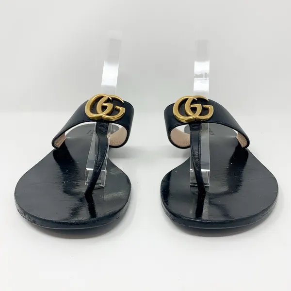 Gucci Marmont GG Black Leather Thong Sandals Gold Logo EU 38.5 - Image 3