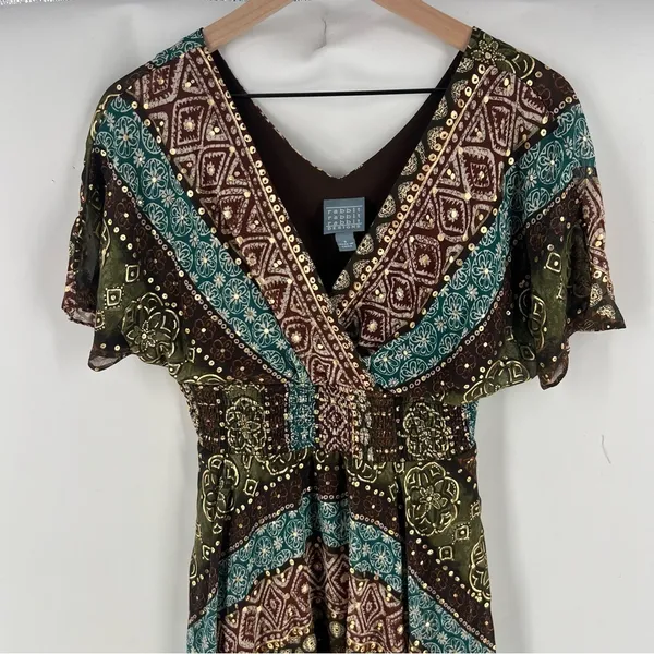 Rabbit Rabbit Rabbit Tribal Boho Printed‎ Chiffon Batwing Asymmetrical Hem Dress - Image 3