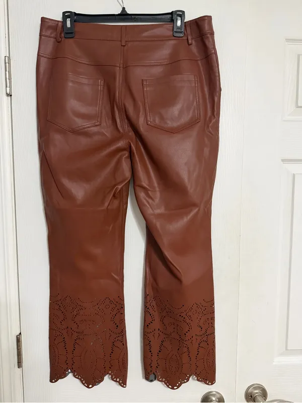 Anthropologie laser cut‎ hem brown faux Leather size 12 ankle crop - Image 13