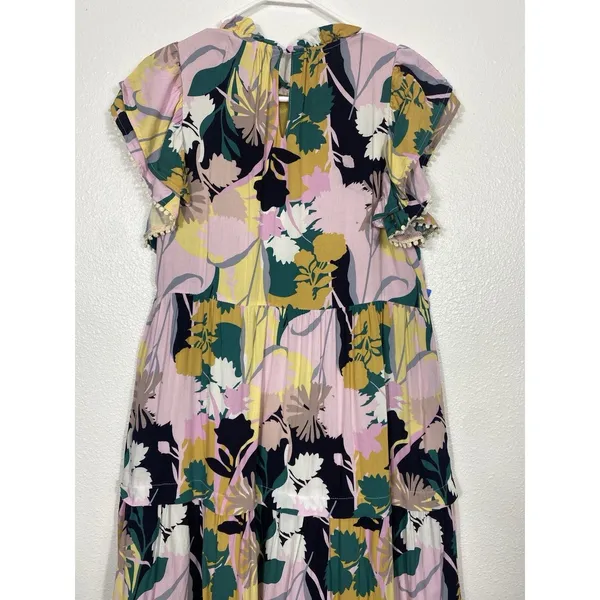 pantsstore Floral Ruffle Maxi Dress Pom Pom Accents Pink Yellow Green Size S - Image 8