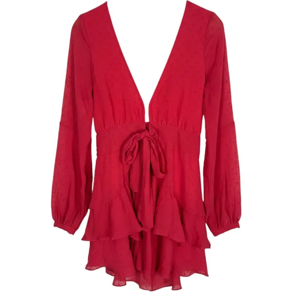 For Love & Lemons Coral Clip Dot Ruffle Mini Dress Deep V-Neck Long Sleeve Small - Image 4
