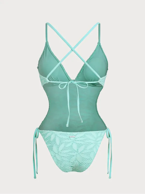 Berlook Cyan V Neck Backless One-Piece Swimsuit - Image 8