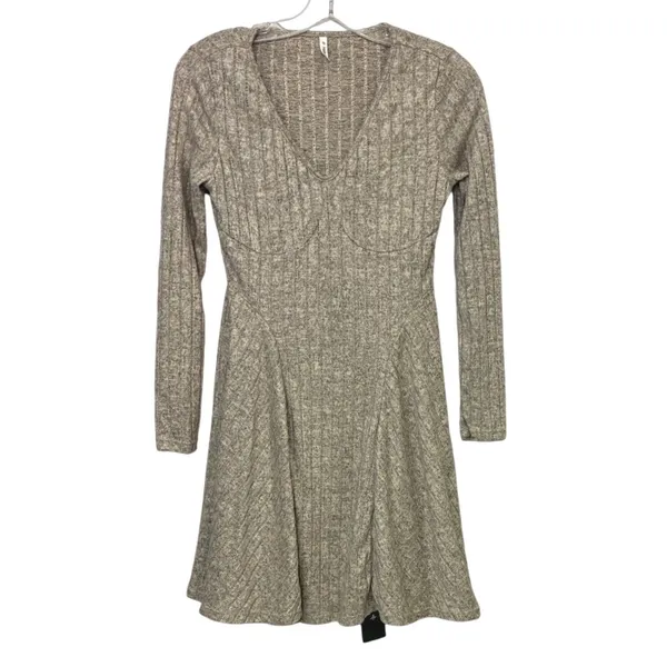 Halara Womens Long Sleeve Ribbed V-Neck Fit & Flare Mini Dress Oatmeal Grey‎ S - Image 3