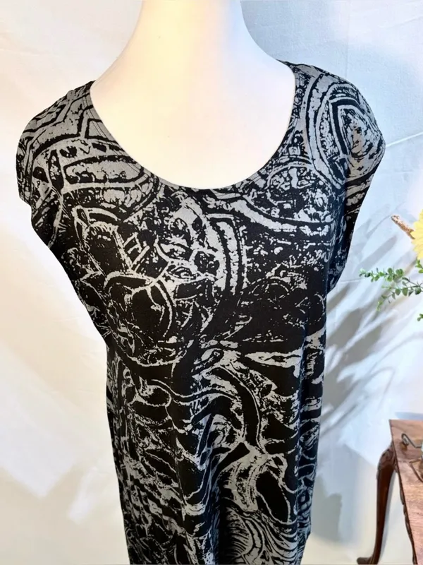 💥Bryn Walker Abstract Print Asymmetrical Tunic Dress Black Gray Stretch Sz L💛 - Image 7