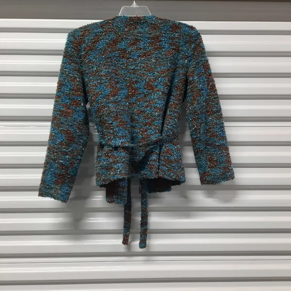 Erin London Jacket Women's Medium Brown Blue Long Sleeve Fuzzy Belted Blazer - Image 2