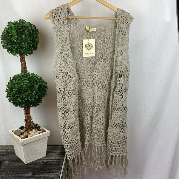 Rebellion Tan Sheer Crochet Fringe Open Front Cardigan Sweater NEW L - Image 3