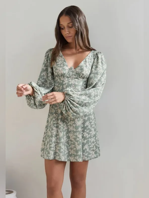 Fortunate One Garden Chic Mini Dress Green & White Floral. Voluminous Sleeves - Image 8