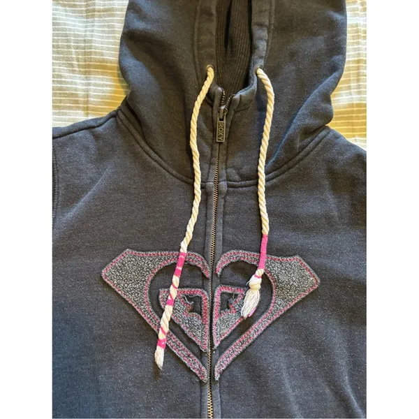 Roxy Women's Charcoal Zip-Up Hoodie with Pink Logo Accents M medium vtg - Image 4
