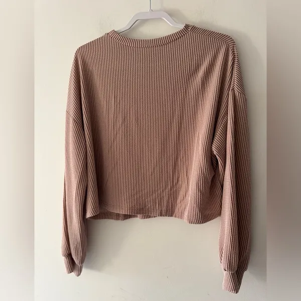 Brown and‎ White Stretchy Striped Long Sleeve Textured Top - Image 3