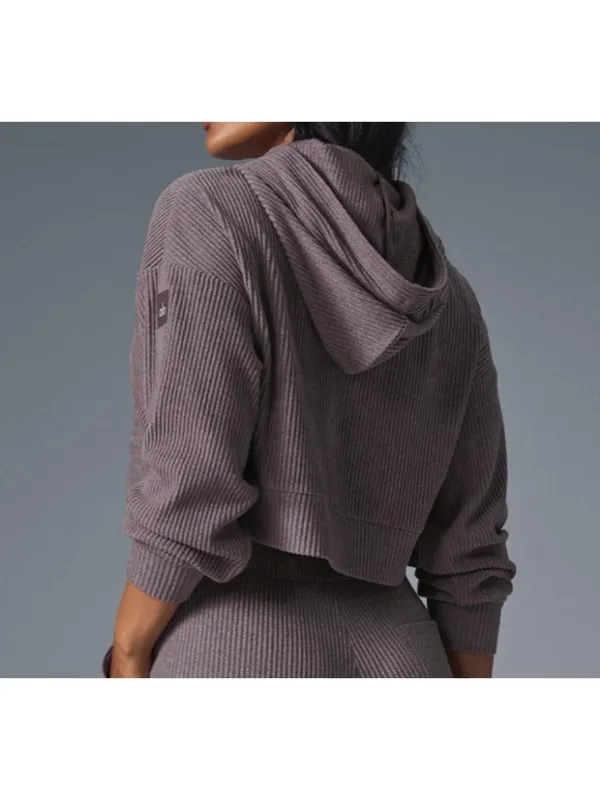 Alo Muse Hoodie Raisinette Heather Ribbed Violet Hood Sweater Hooded Sweatshirt - Image 3
