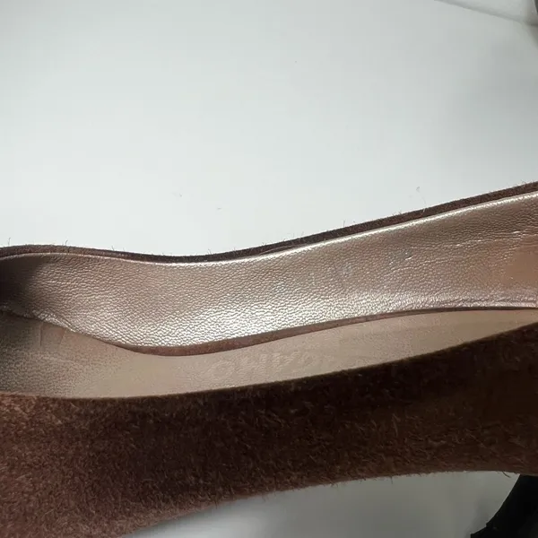 Salvatore Ferragamo Brown Suede Slip On Round Toe Kitten Heel Pumps Shoes - Image 12