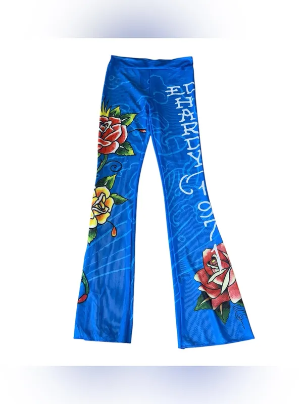 NWT Ed Hardy Swim Blue Flared Bell Bottom Pants Rose Tattoo Print Y2K Medium - Image 2