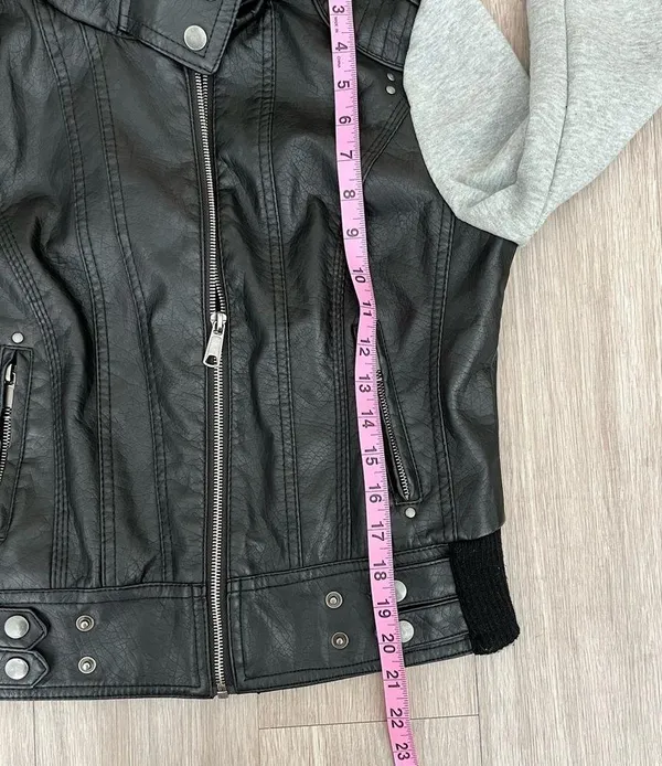 Last Kiss Y2K Black Leather Hybrid Gray Hooded Zip Moto Jacket Size Medium - Image 14