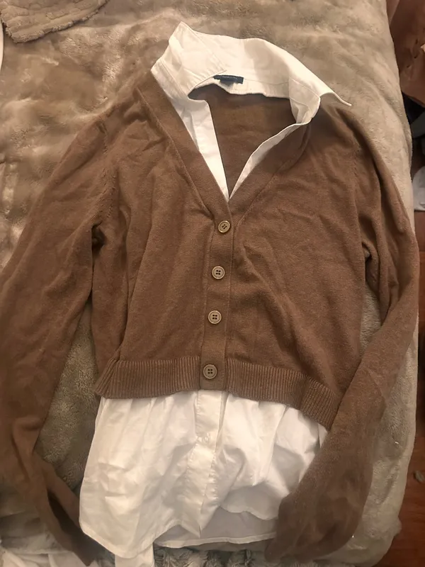 Brown collared cardigan white button up layered top - Image 3