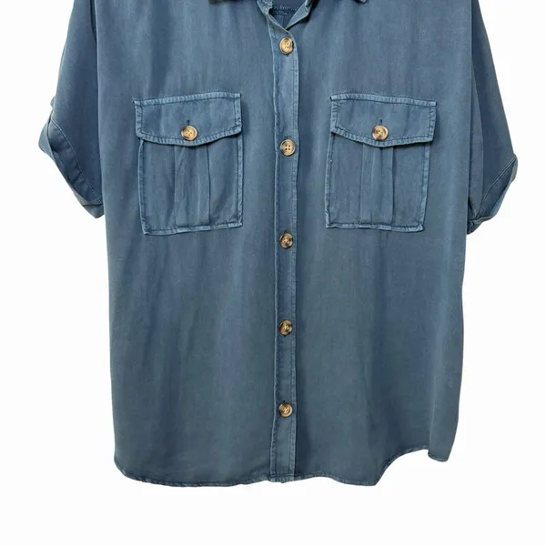 Maurices Blue Utility Top L Short Sleeve Button Front 100% Rayon Relaxed‎ Fit - Image 12