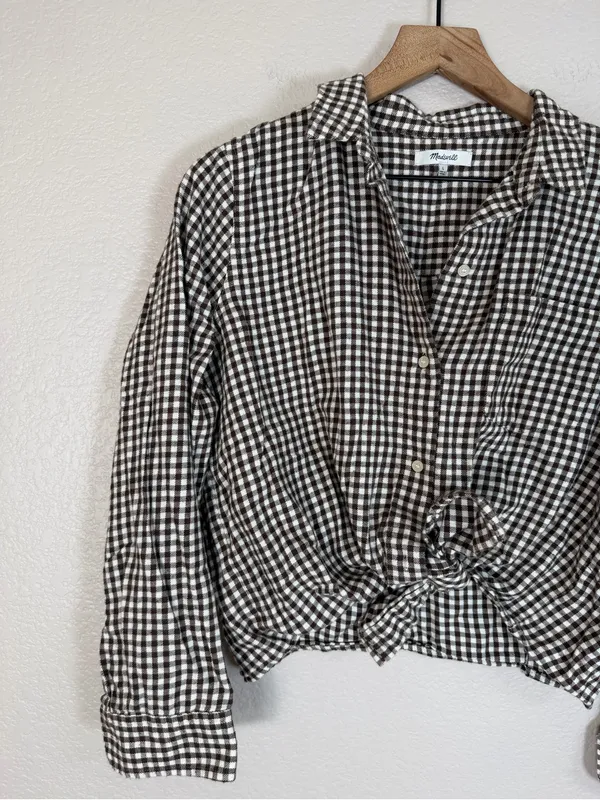 Madewell Gingham Flannel Tie Front Shirt Brown Gingham Check size Large $80 - Image 6