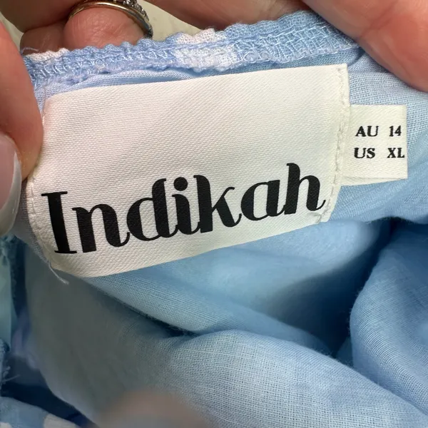 Indikah Lorcan strapless ruffle dotted midi white blue dress tie back‎ tiered XL - Image 8