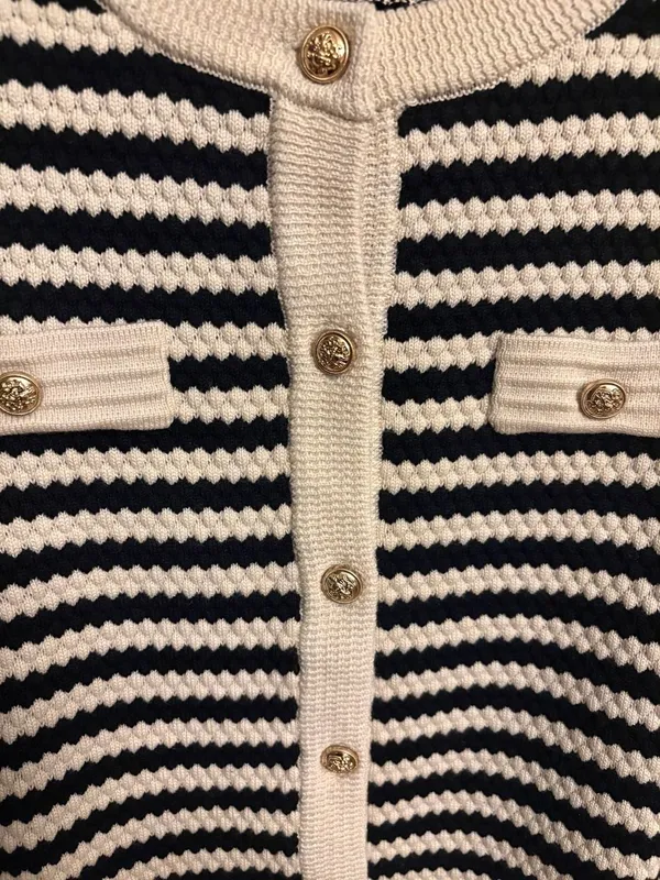 Adrianna Papell Wool blend cream black striped pointelle cardigan Size M - Image 5