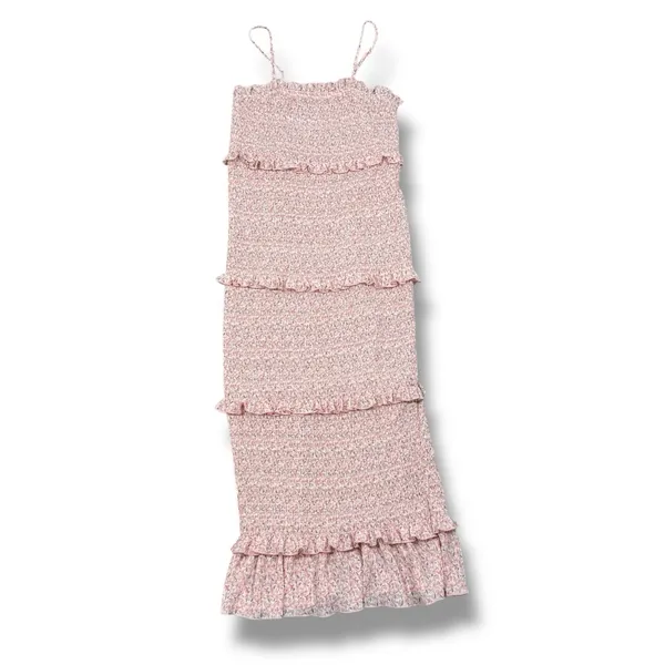 Mabel Daphne Ditsy Flower Ruffe Trim Smocked Midi Long Tube Dress Pink‎ Large - Image 15