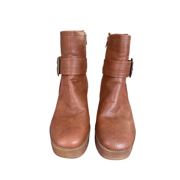 Yoki Brown Chunky Platform Ankle Boots Buckle Block Heel Size 8 - Image 2