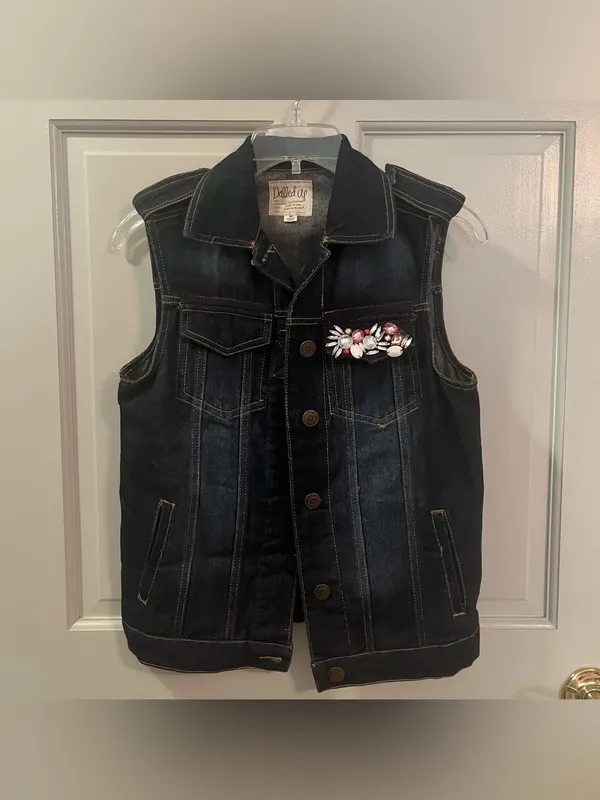 Dolled Up Vintage Women’s Dark-wash Denim Vest with Beaded Embellished Pocket - Image 2