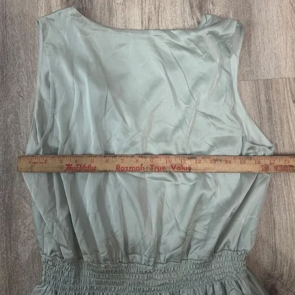 Love X Design Sage Green Satin Smocked Waist Pleated Hem Mini Dress Size Large - Image 6