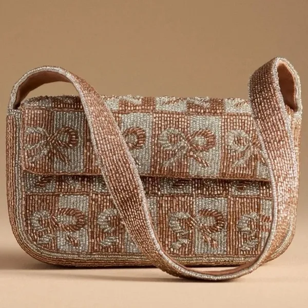 Anthropologie Fiona beaded shoulder bag bows metallic bronze mixed coquette - Image 4