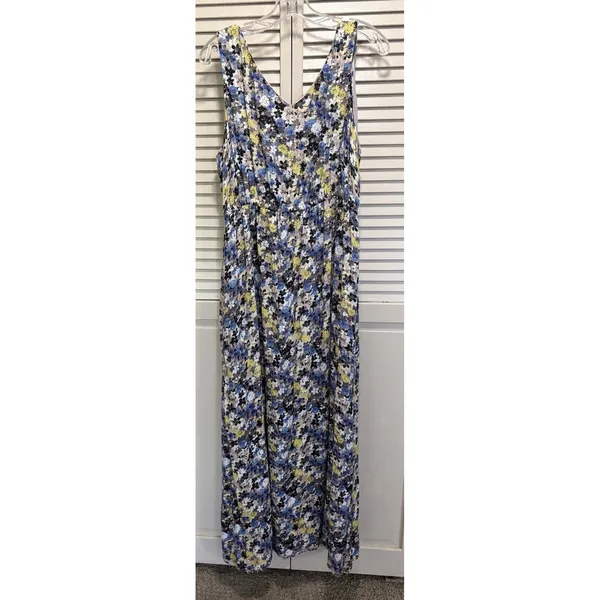 Lucky Brand Floral Elastic/Tie Waist Lined Maxi Dress Size XL V Neck Blue/Yellow - Image 6