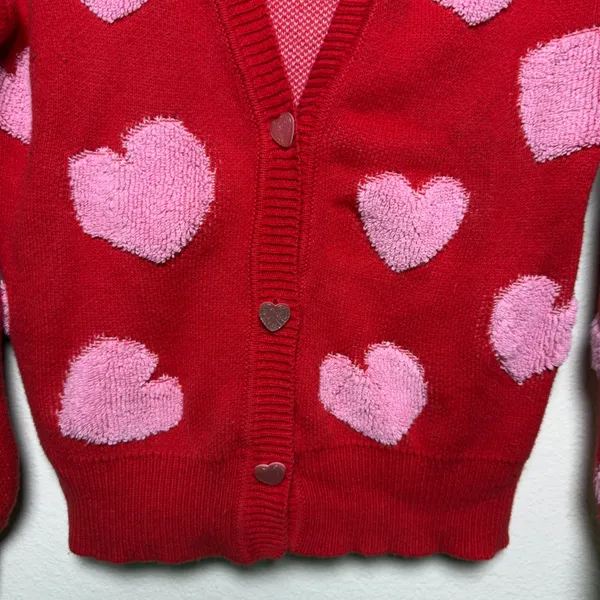 33 Degrees Women Novelty Cardigan Sweater XS Pink Hearts V-Neck Oversized Casual - Image 6