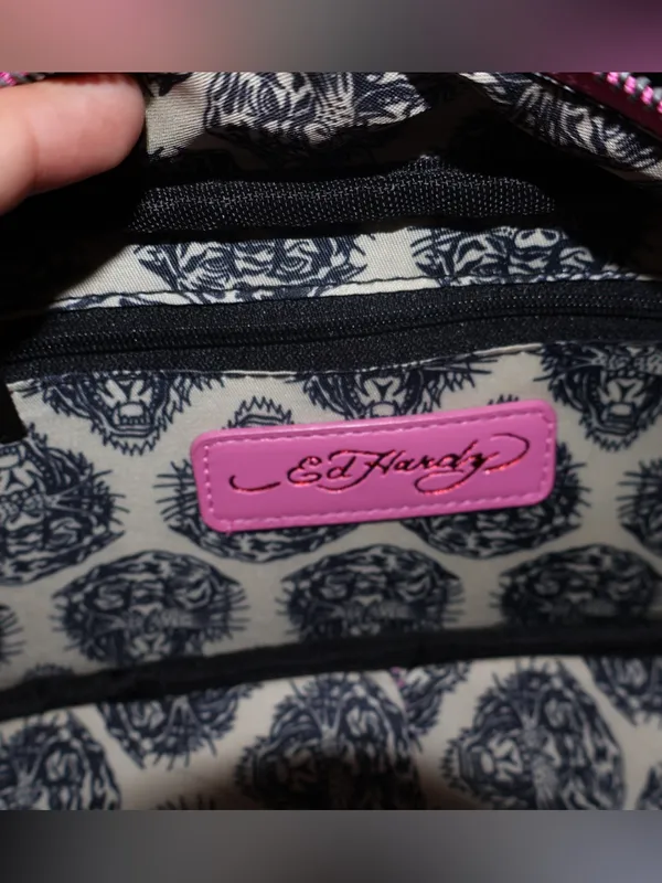 Ed Hardy Pink Shoulder Bag Tattoo Skull Rose Butterfly Rhinestone Barrel Satchel - Image 6