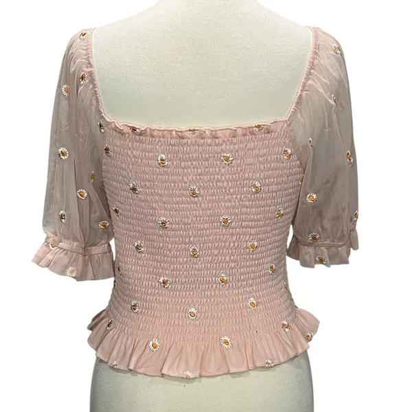 Altar'd State Smocked Top Women M Pink Embroider Daisy Ruffle Coquette Feminine - Image 4