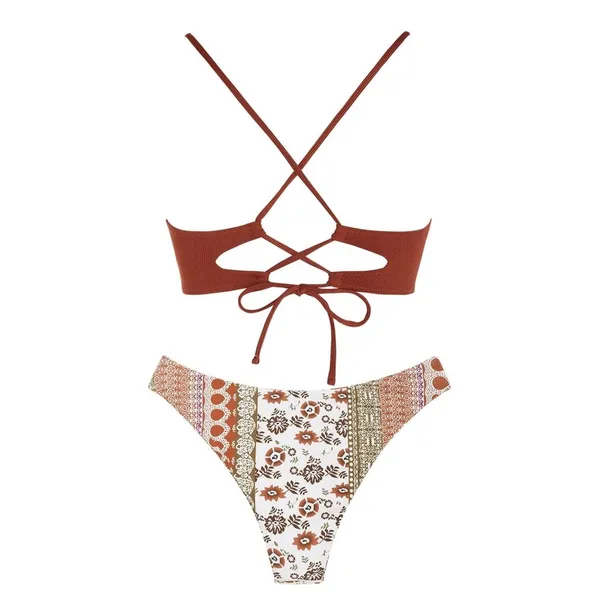 NWT ZAFUL Womens Ribbed Triangle Boho Print High Cut Swimsuit Coffee Small - Image 4