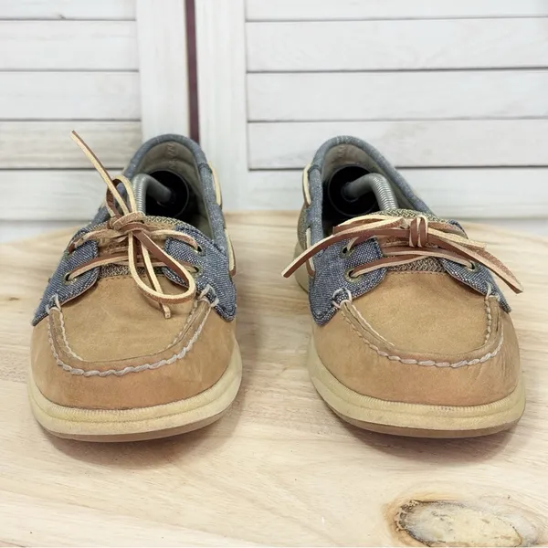 Sperry Top Sider Laguna Leather Canvas Slip On Loafer Boat Shoes‎ Tan Blue 8 - Image 2
