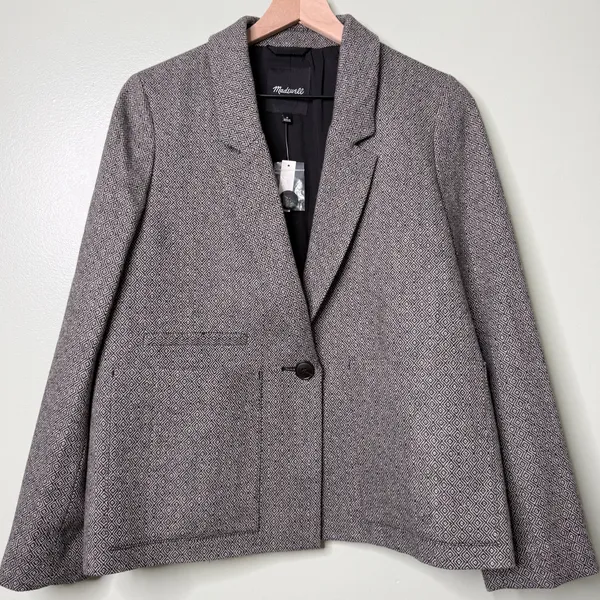 NWT Madewell Wool Crop Dorset Blazer Jacket Geo Herringbone Grey Size Medium - Image 10