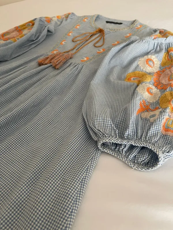 ZARA Woman Boho Embroidered Gingham Blouse - light Blue & White - Image 9