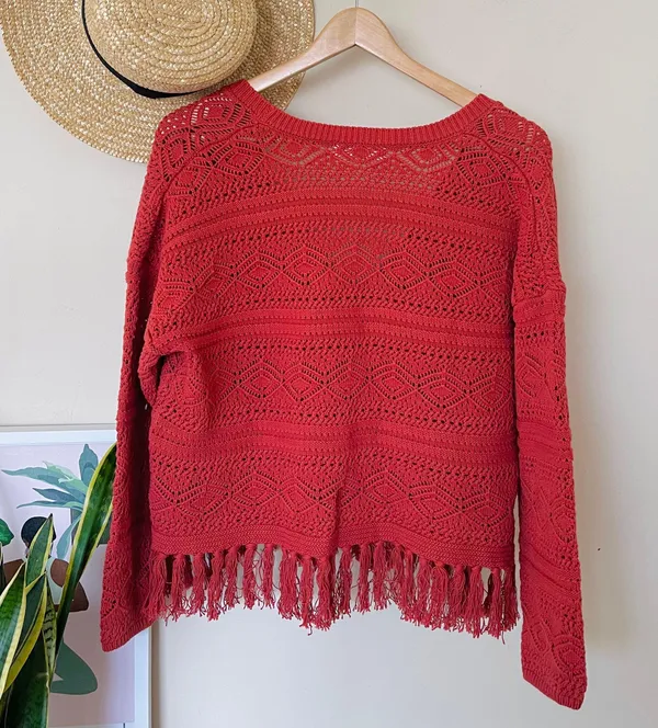 MNG  Openwork Crochet Fringe Boho Knit  sweater - Image 4