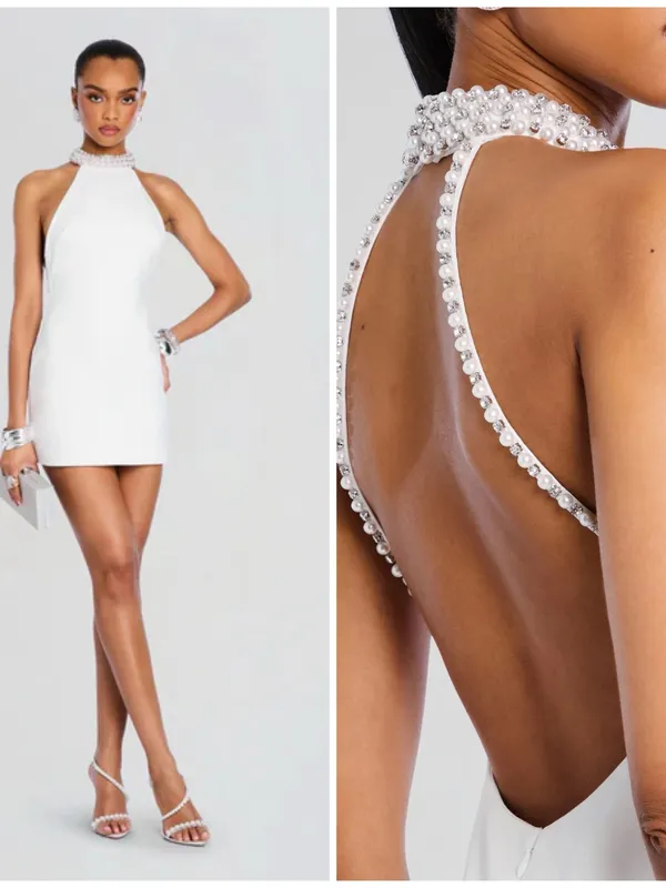 Retrofête NWT Penelope dress White Pearl-Trim Halter Mini Dress Size Small - Image 2