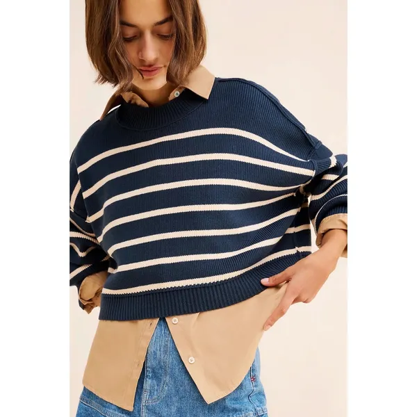 Free People Easy Street Stripe Crop Pullover Size Medium Navy Preppy Coastal - Image 3