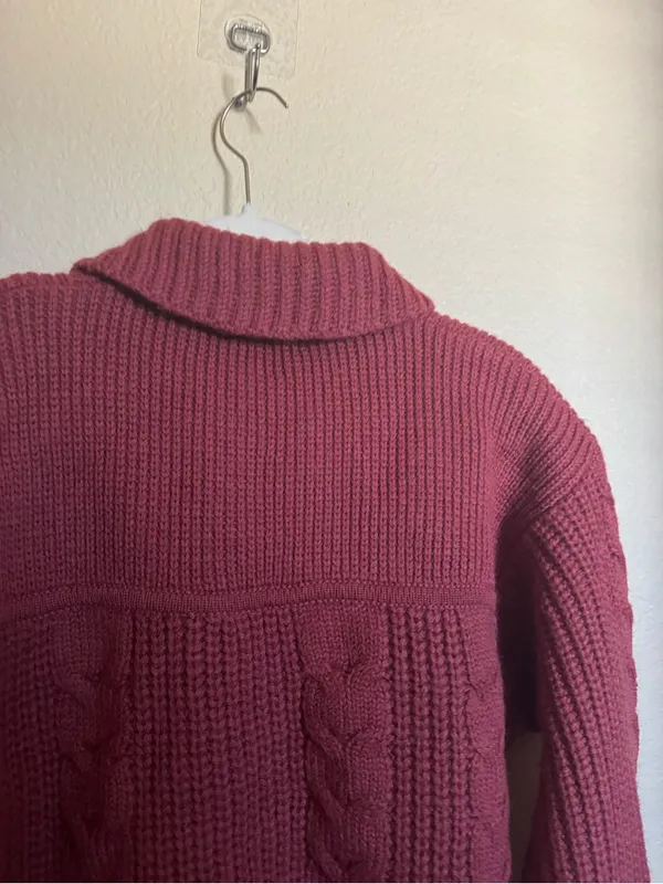 Vintage Chunky Cable-Knit Wool Toggle Sweater Jacket Brick Red NEW Cabincore - Image 6