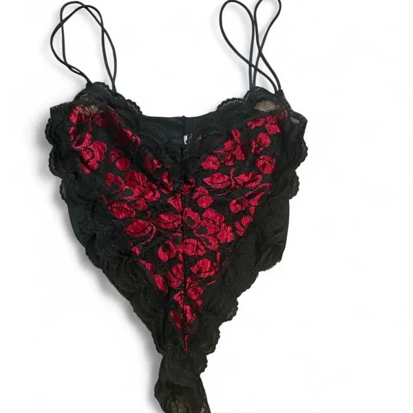 Vintage Black Red Rose Lace Teddy & Sheer Robe Lingerie Set Large - Image 3