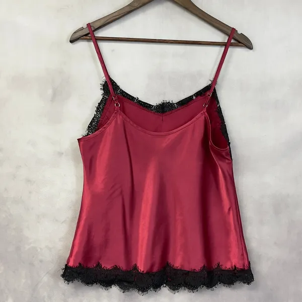 Satin Lace Trim Cami Tank‎ Top Women Large Red Black Coquette Romantic Goth Y2K - Image 2