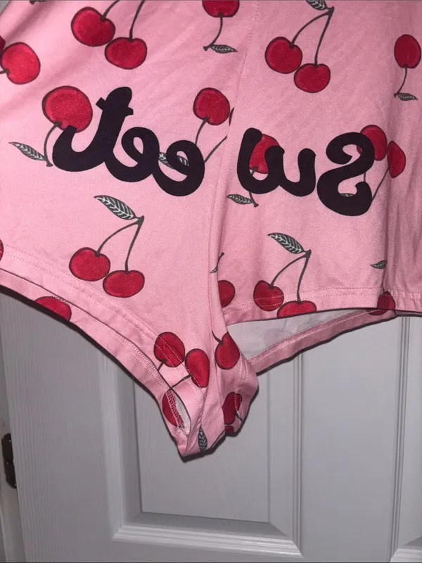Juniors Pink Long Sleeve Romper Onesie Pajama Cherry Print Sweet Text - Image 6