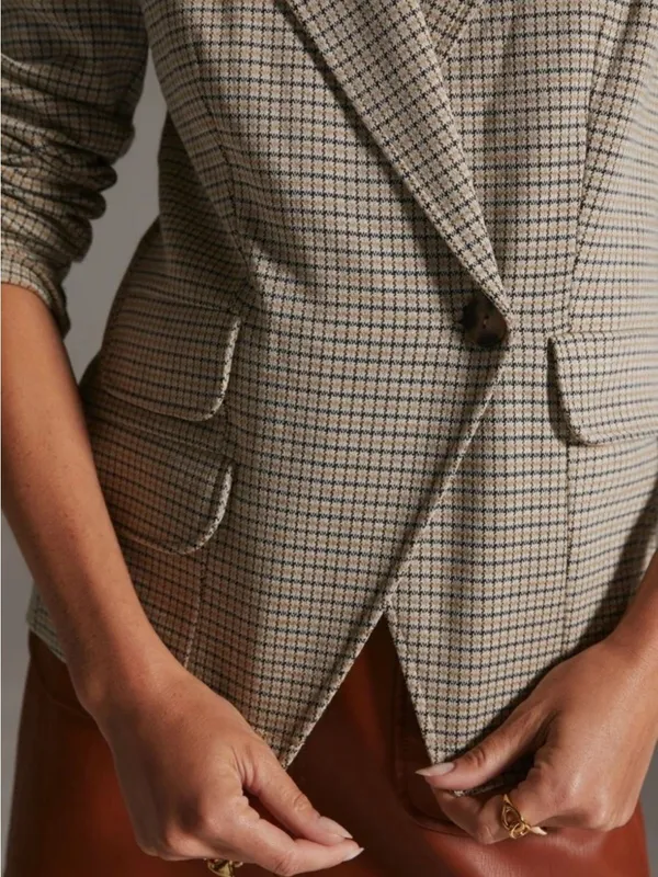 Maeve Anthropologie Collegiate‎ Knit Blazer Asymmetrical Check Brown Small NWT - Image 12